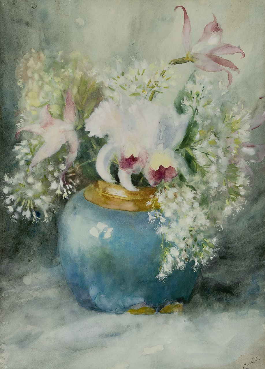 Limburg Stirum A.M.E.C. van | Anna Marguérite Elisabeth Caroline 'Caro' van Limburg Stirum, Flowers in a blue vase, watercolour on paper 47.0 x 33.5 cm, signed l.r. with initials