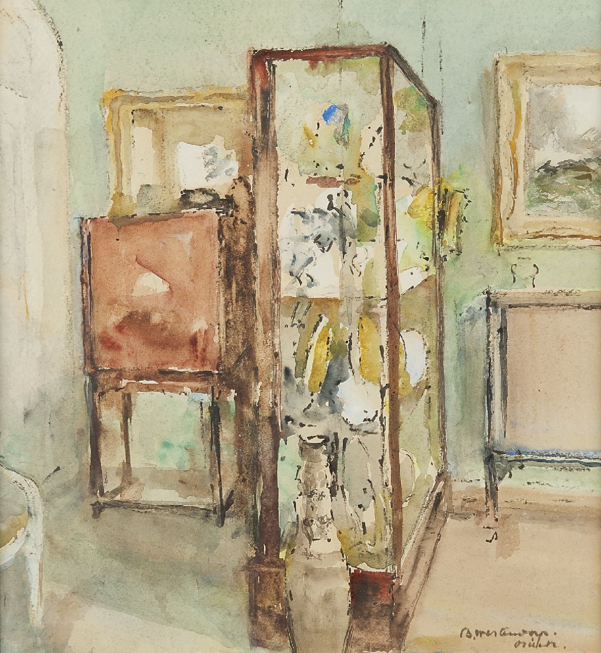Westendorp-Osieck J.E.  | Johanna Elisabeth 'Betsy' Westendorp-Osieck | Watercolours and drawings offered for sale | Interior with a showcase, watercolour on paper 32.0 x 30.0 cm, signed l.r.