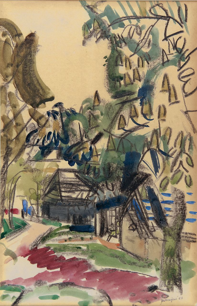 Wiegers J.  | Jan Wiegers, Country road with houses and trees, black chalk and watercolour on paper 38.4 x 25.2 cm, signed l.r. and dated '56