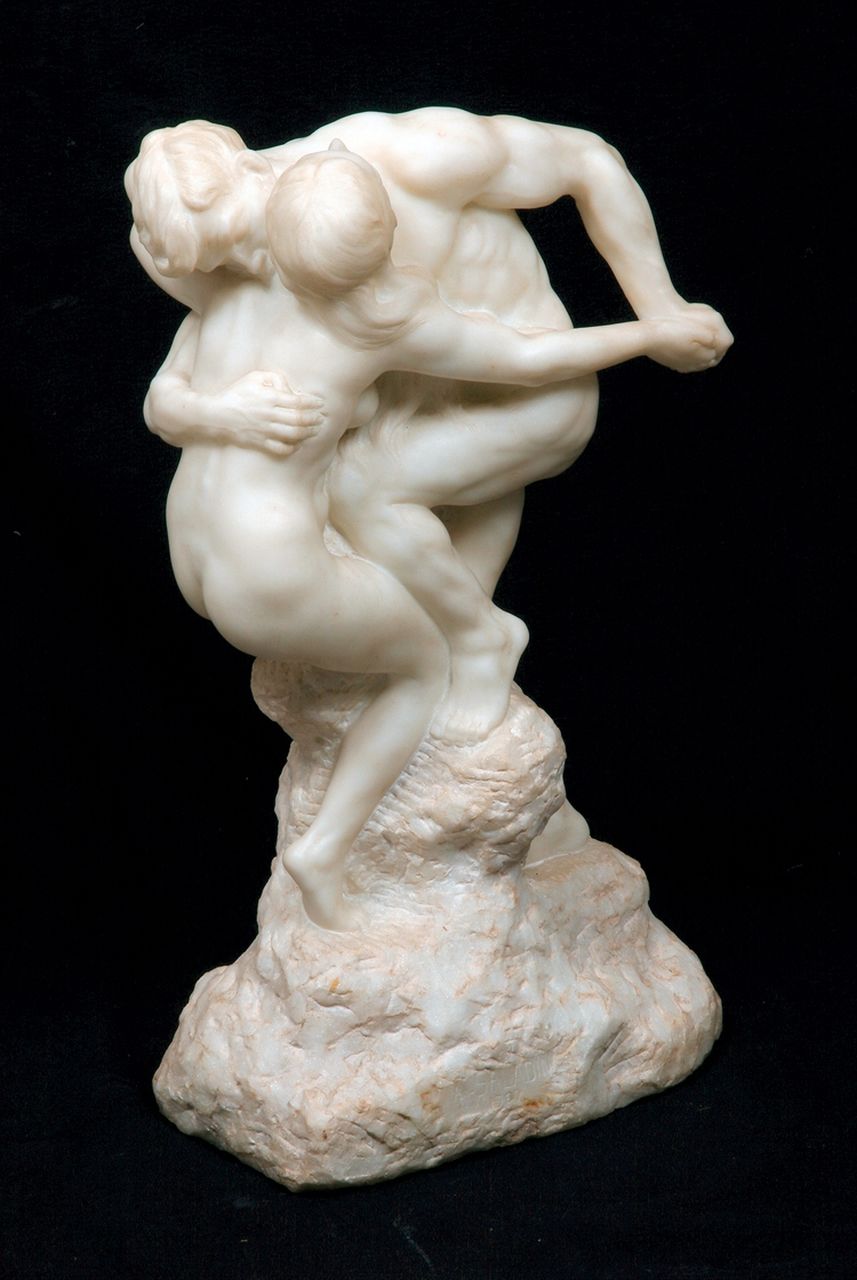 Saladin A.  | Alphonse Saladin, The embrace, marble 61.3 x 37.0 cm, gesigneerd op basis and gedateerd 1907