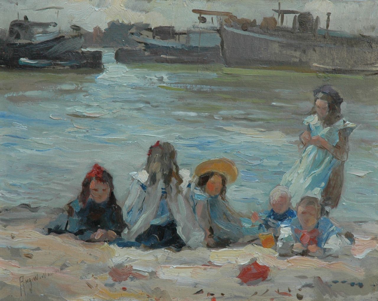 Voorden A.W. van | August Willem van Voorden, Playing children alongside the canal, oil on panel 27.2 x 34.2 cm, signed l.l.
