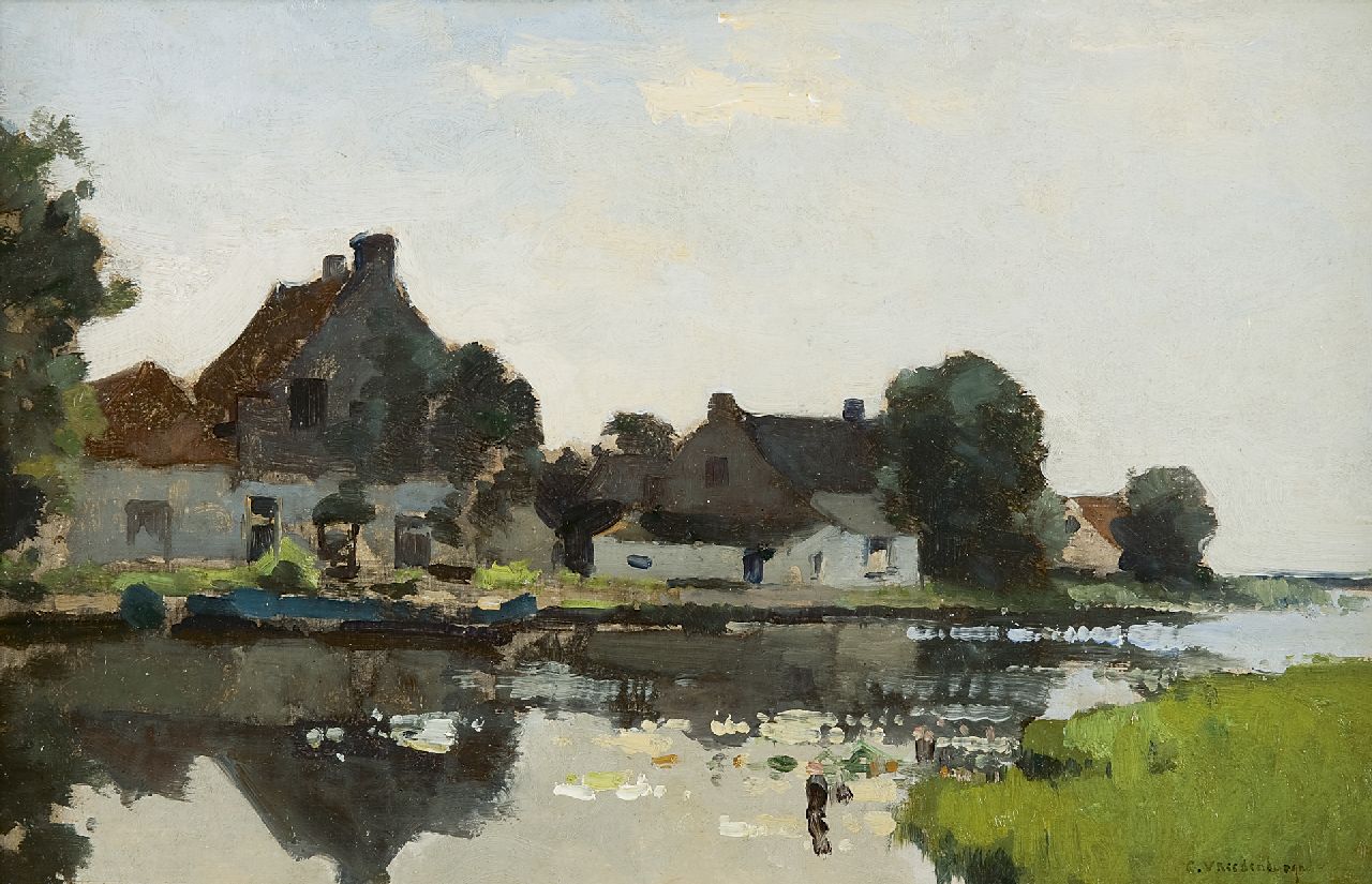Vreedenburgh C.  | Cornelis Vreedenburgh, Farm houses along the canal, oil on panel 24.0 x 37.5 cm, signed l.r.