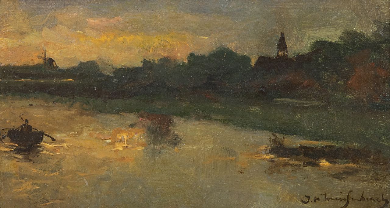 Weissenbruch H.J.  | Hendrik Johannes 'J.H.' Weissenbruch, Sunset near Noorden, oil on panel 12.4 x 22.4 cm, signed l.r. and painted in the 1890's