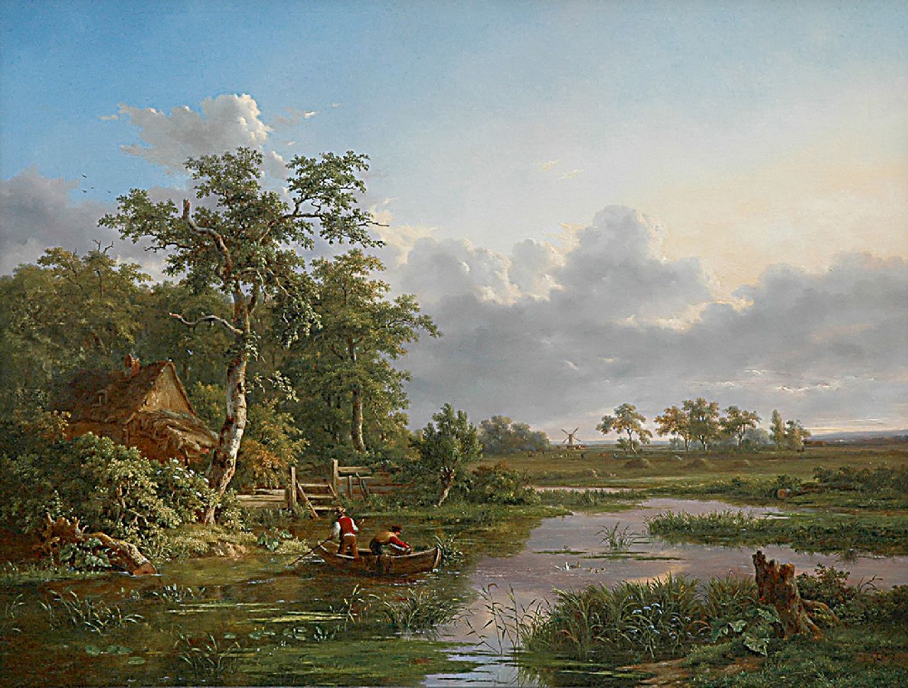 Coene J.B.  | Jean-Baptiste Coene, A romantic landscape with a farm and fishermen, oil on canvas 99.7 x 130.0 cm, signed l.r. and dated 1851