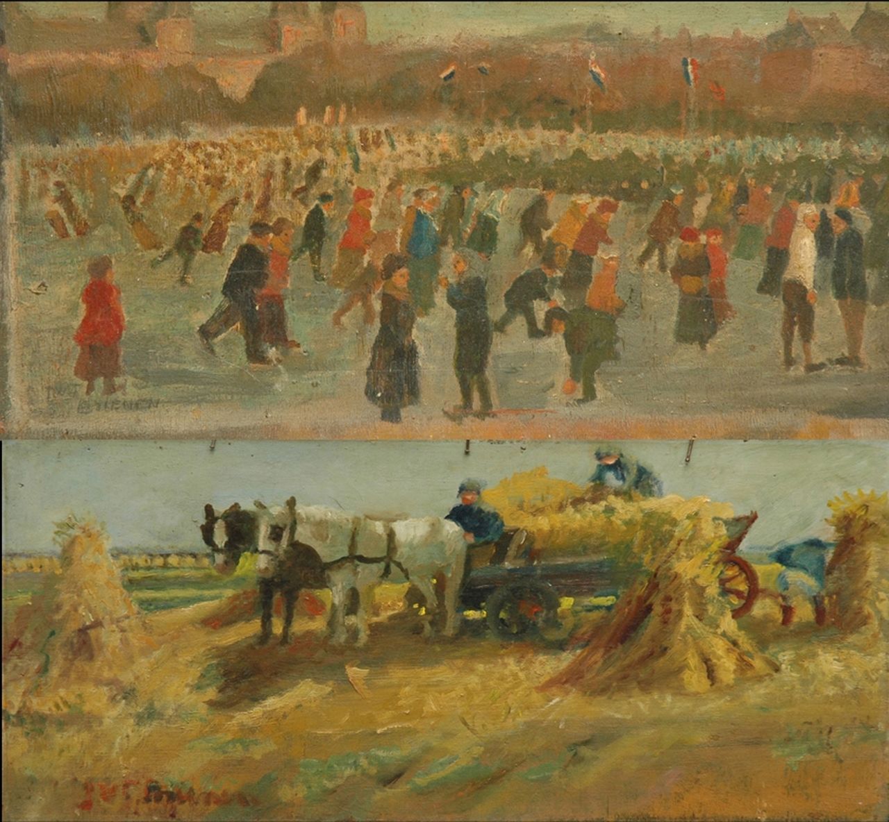 Jos Brienen | Skaters on the Museumplein in Amsterdam; on the reverse: Harvesting, oil on panel, 28.5 x 54.3 cm, signed l.l. and on the reverse