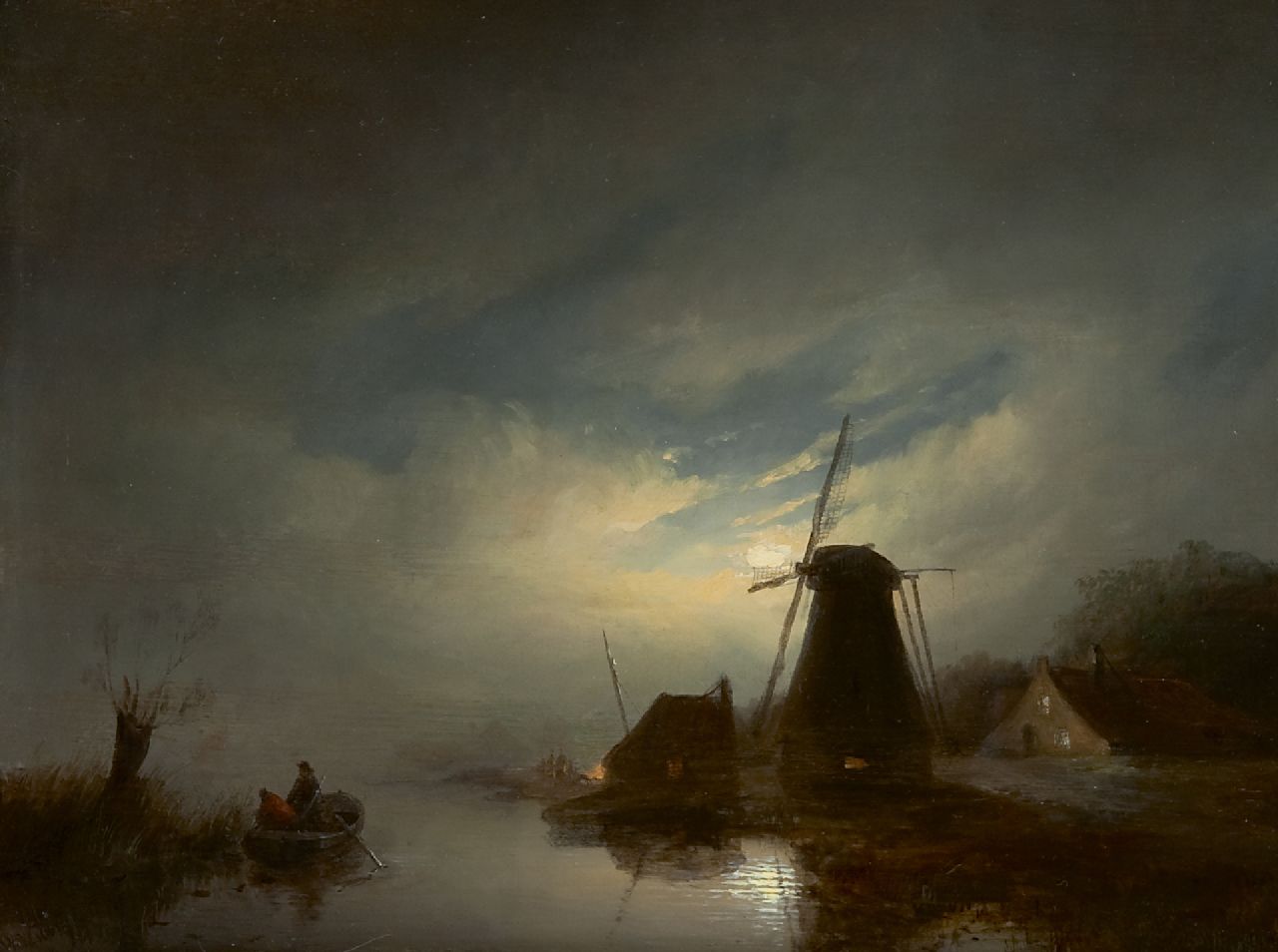 Vester W.  | Willem Vester | Paintings offered for sale | A river landscape by moonlight, oil on panel 28.1 x 37.2 cm, signed l.l.