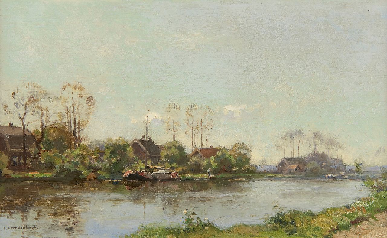 Vreedenburgh C.  | Cornelis Vreedenburgh, Moored ship on a Dutch waterway, oil on panel 21.3 x 34.9 cm, signed l.l.