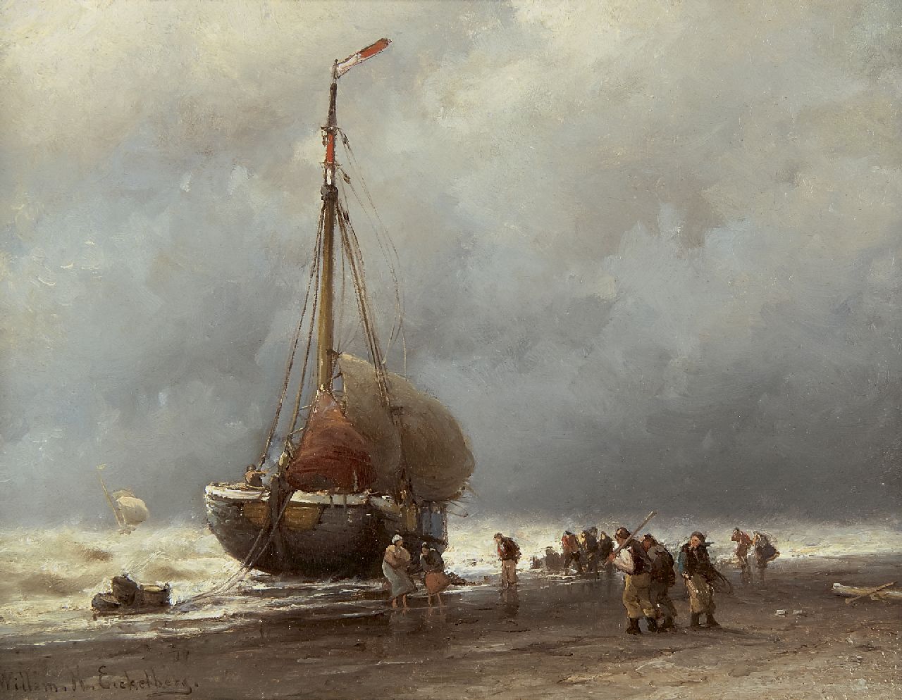 Eickelberg W.H.  | Willem Hendrik Eickelberg | Paintings offered for sale | Bringing in the catch in a storm, oil on panel 26.8 x 35.0 cm, signed l.l.