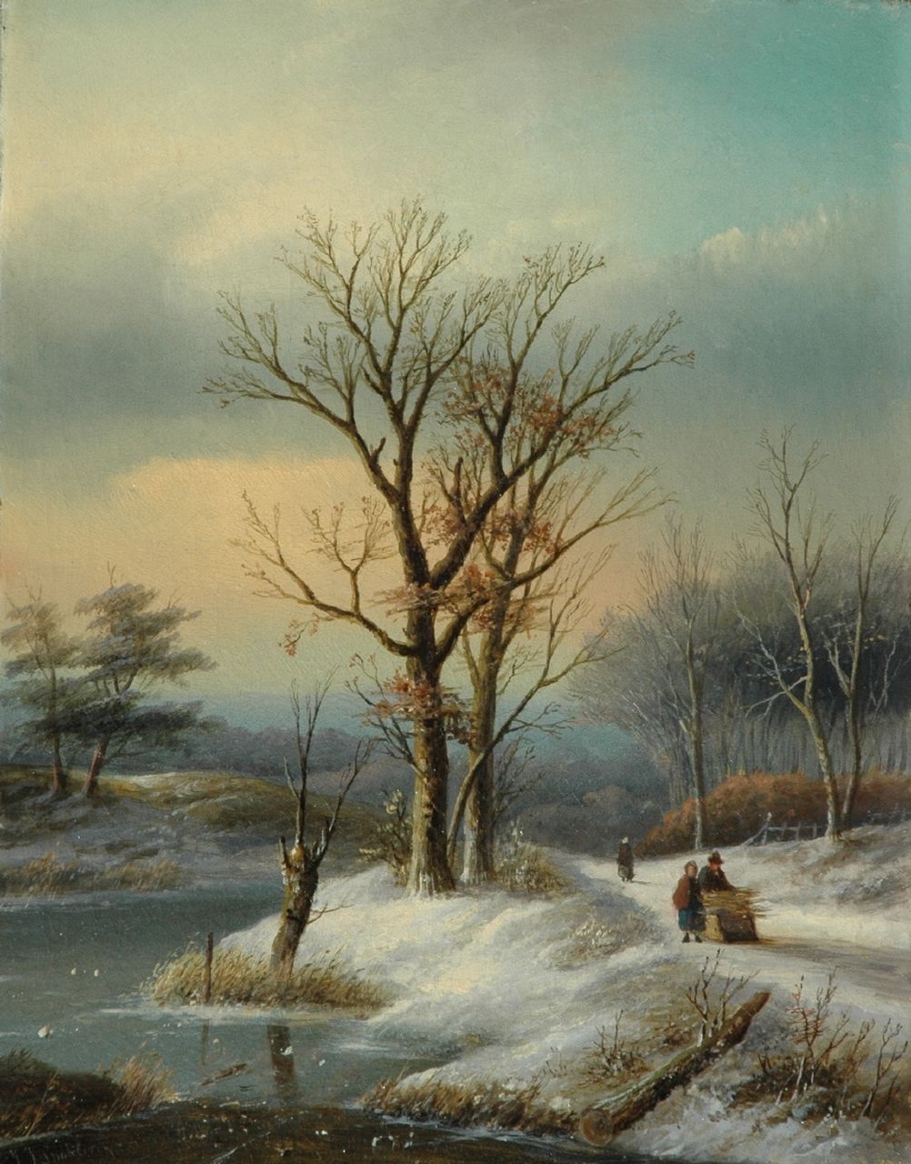 Spohler J.J.  | Jan Jacob Spohler, Figures with a sledge on a snowy path, oil on canvas 38.6 x 30.7 cm