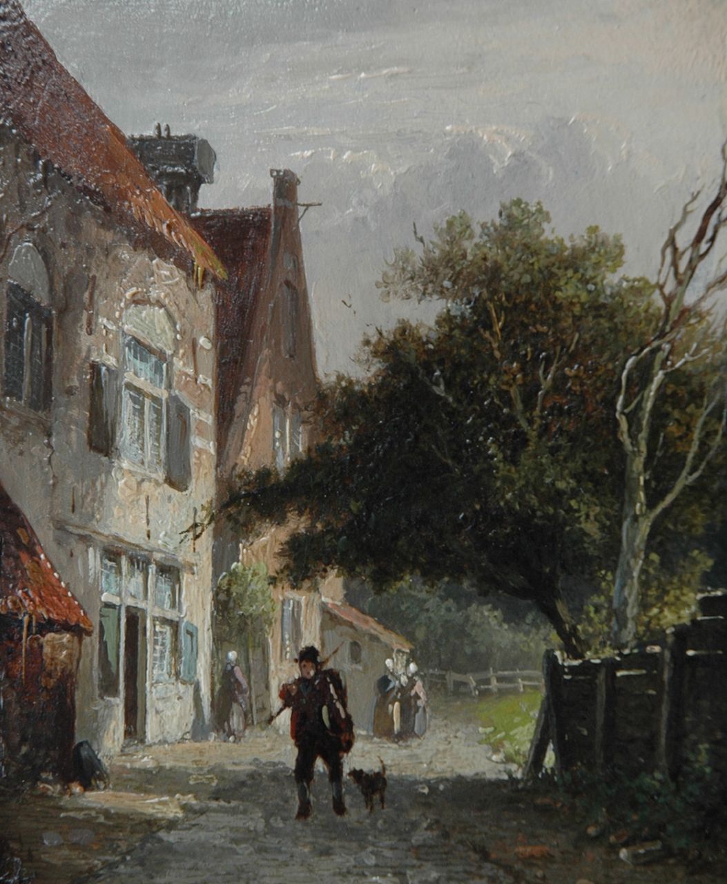 Eversen A.  | Adrianus Eversen, A man and dog in a sunny village street, oil on panel 12.9 x 10.9 cm, signed l.l. with monogram