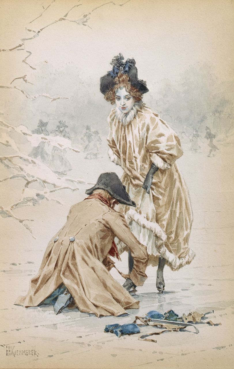 Kaemmerer F.H.  | Frederik Hendrik Kaemmerer, Binding skates, watercolour on paper 27.0 x 18.0 cm, signed l.l.