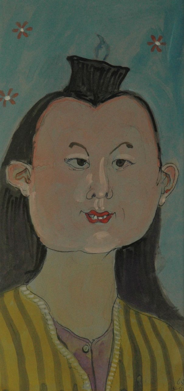 Kamerlingh Onnes H.H.  | 'Harm' Henrick Kamerlingh Onnes, Asian lady, pen, ink, ballpoint and watercolour on paper 32.4 x 15.7 cm, signed l.r. with monogram and dated '68