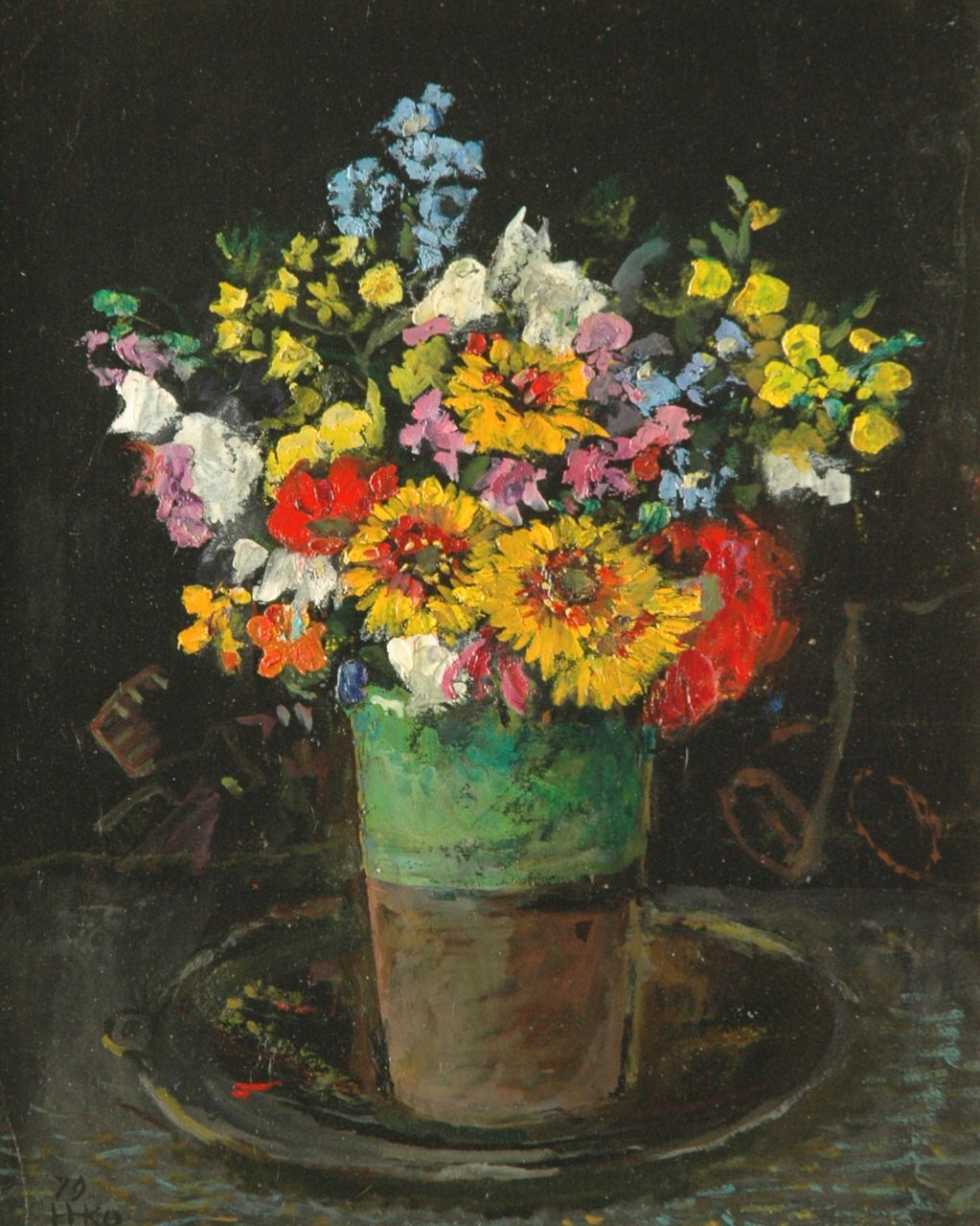 Kamerlingh Onnes H.H.  | 'Harm' Henrick Kamerlingh Onnes, A colourful bouquet in a green vase, oil on board 34.5 x 28.0 cm, signed l.l. with monogram and dated '79