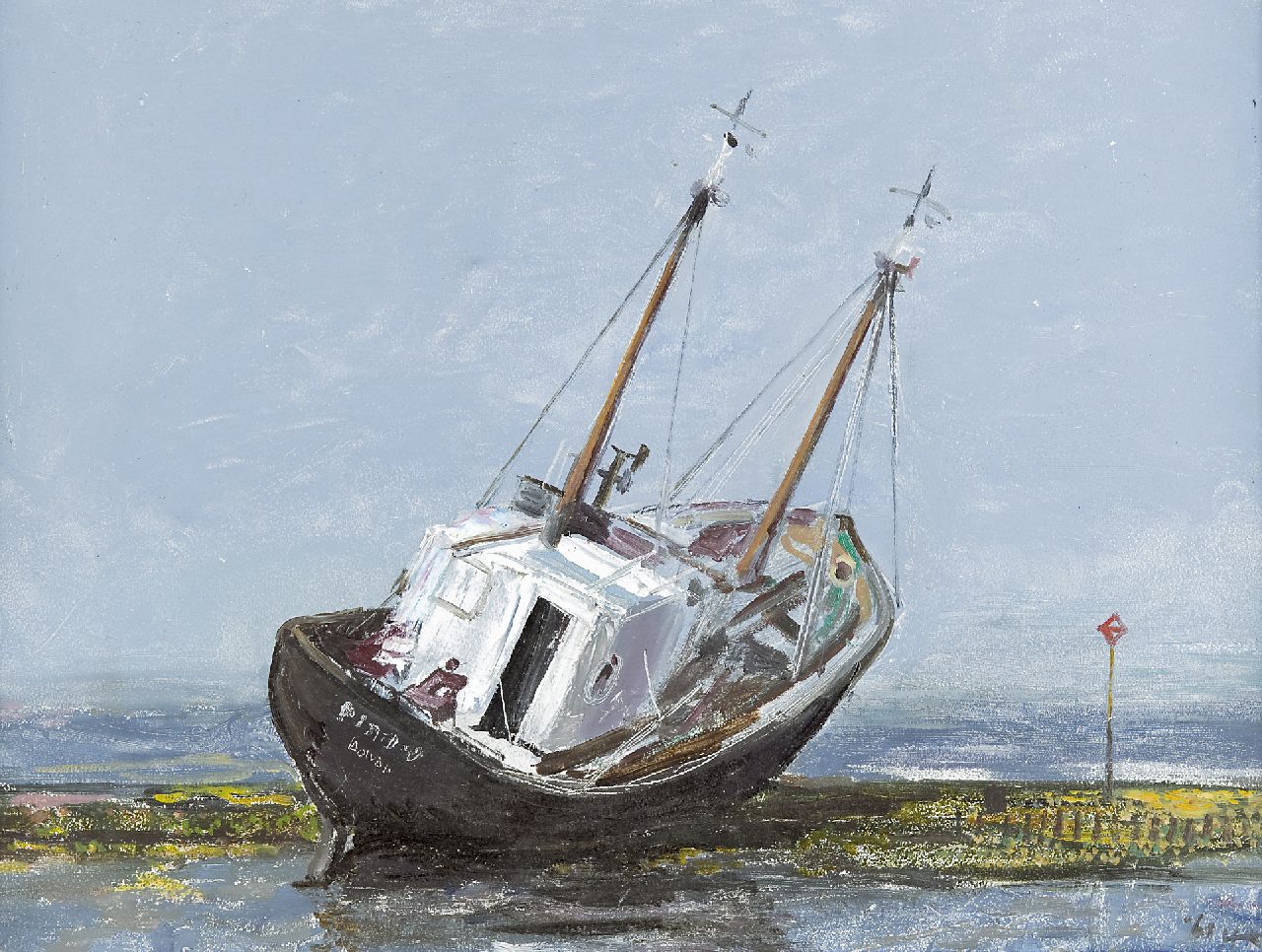 Kamerlingh Onnes H.H.  | 'Harm' Henrick Kamerlingh Onnes, A jammed fishingboat, oil on board 30.7 x 40.7 cm, signed l.r. with monogram and dated '61