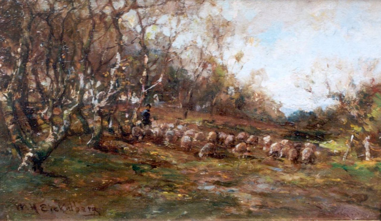 Eickelberg W.H.  | Willem Hendrik Eickelberg, A shepherd with his flock, oil on panel 12.8 x 21.5 cm, signed signed l.l.