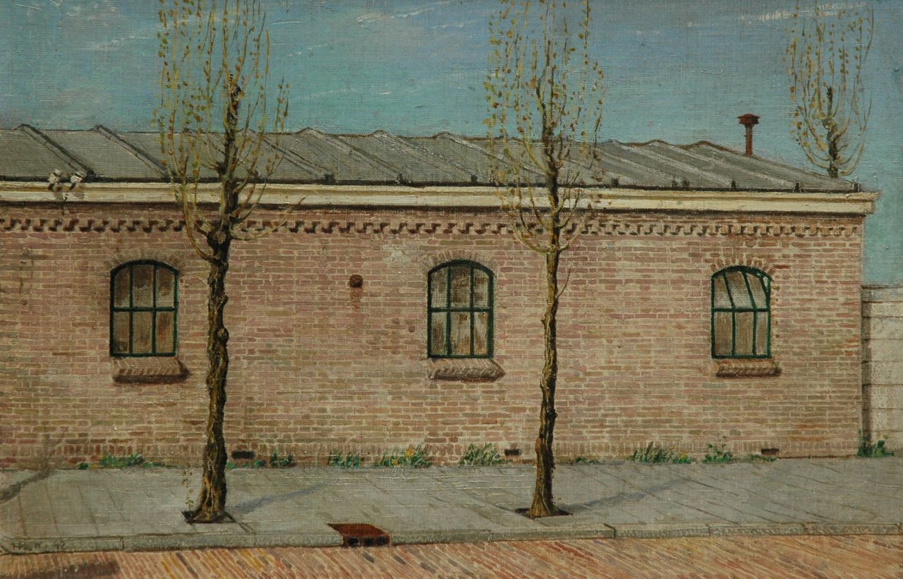 Kamerlingh Onnes H.H.  | 'Harm' Henrick Kamerlingh Onnes, A hangar with stable windows, oil on canvas laid down on panel 44.5 x 29.5 cm, signed l.l. with monogram and dated '42