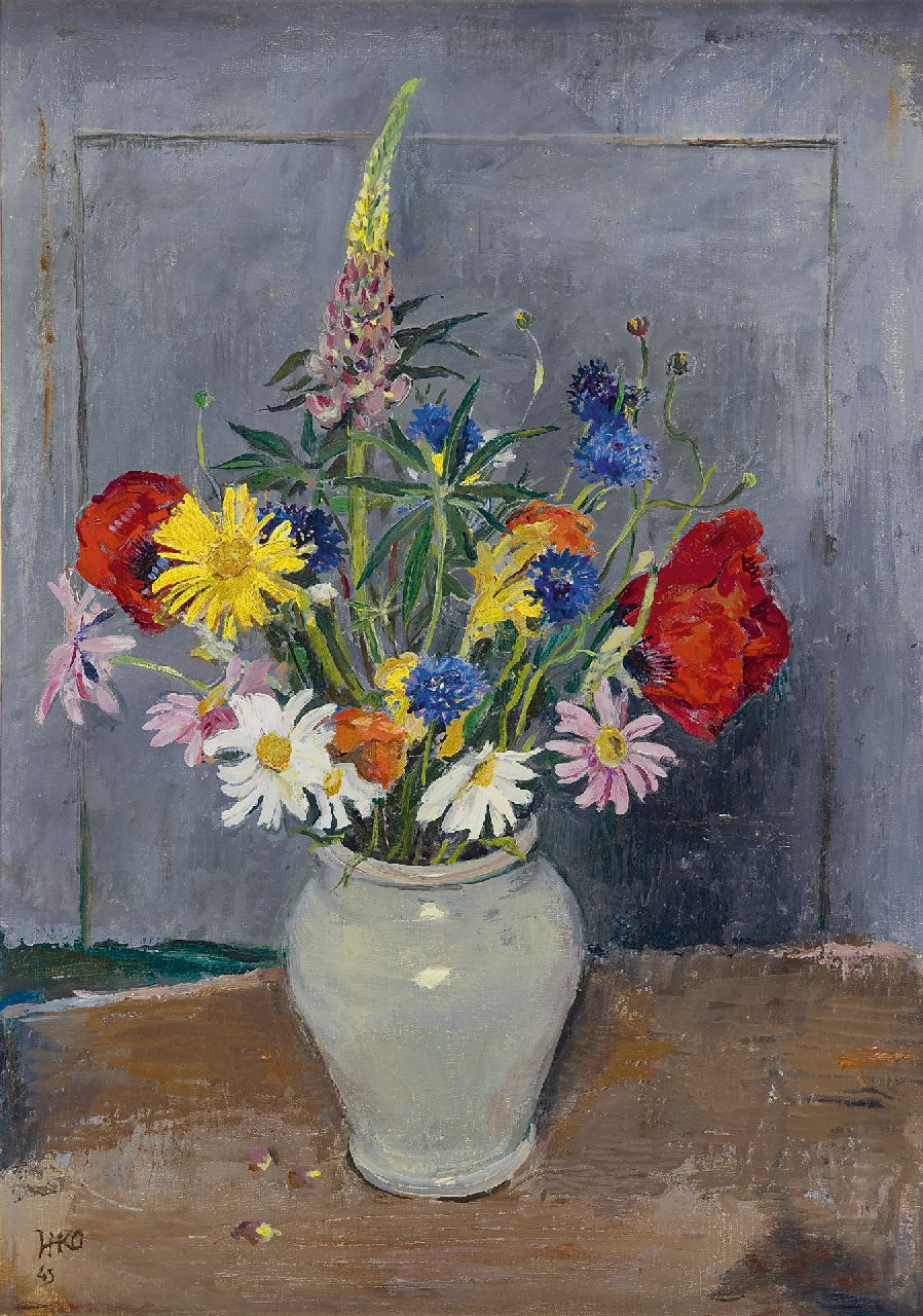 Kamerlingh Onnes H.H.  | 'Harm' Henrick Kamerlingh Onnes, Summer flowers in a grey vase, oil on canvas laid down on board 44.0 x 32.0 cm, signed l.l. with monogram and dated '43