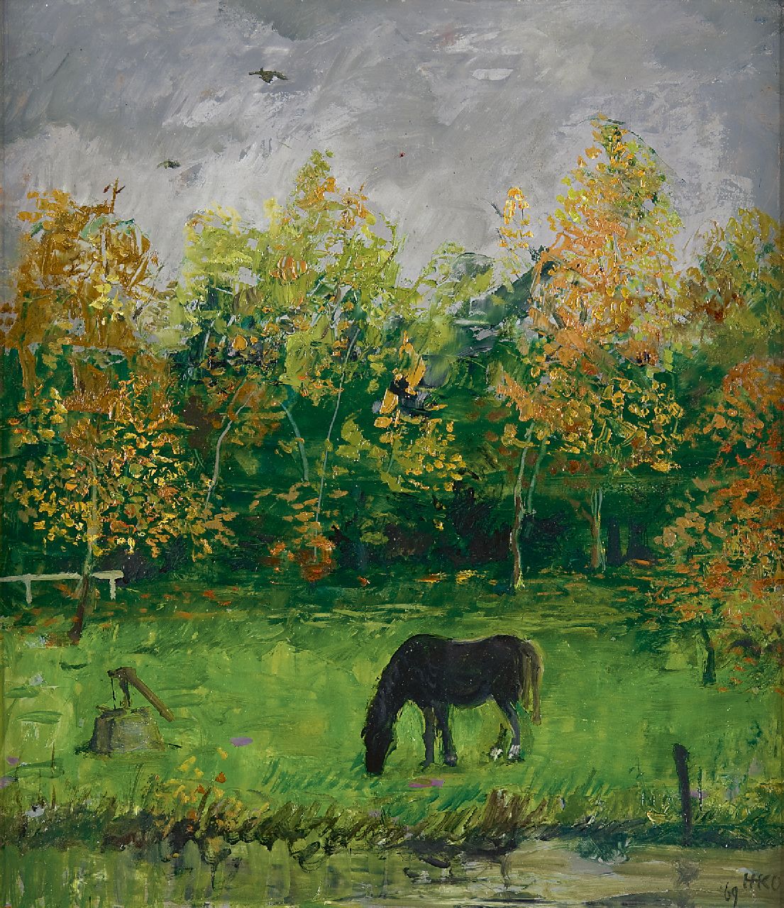 Kamerlingh Onnes H.H.  | 'Harm' Henrick Kamerlingh Onnes, A grazing black horse, oil on board 36.8 x 32.4 cm, signed l.r. with monogram and dated '69