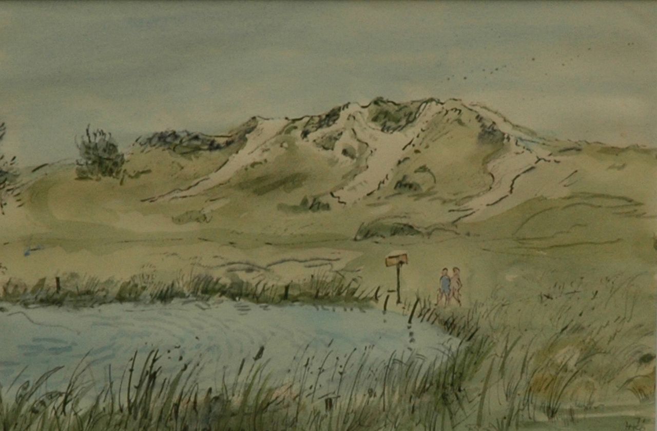 Kamerlingh Onnes H.H.  | 'Harm' Henrick Kamerlingh Onnes, In the dunes, Terschelling, pen, ink and watercolour on paper 17.5 x 25.5 cm, signed l.r. with monogram and dated '71
