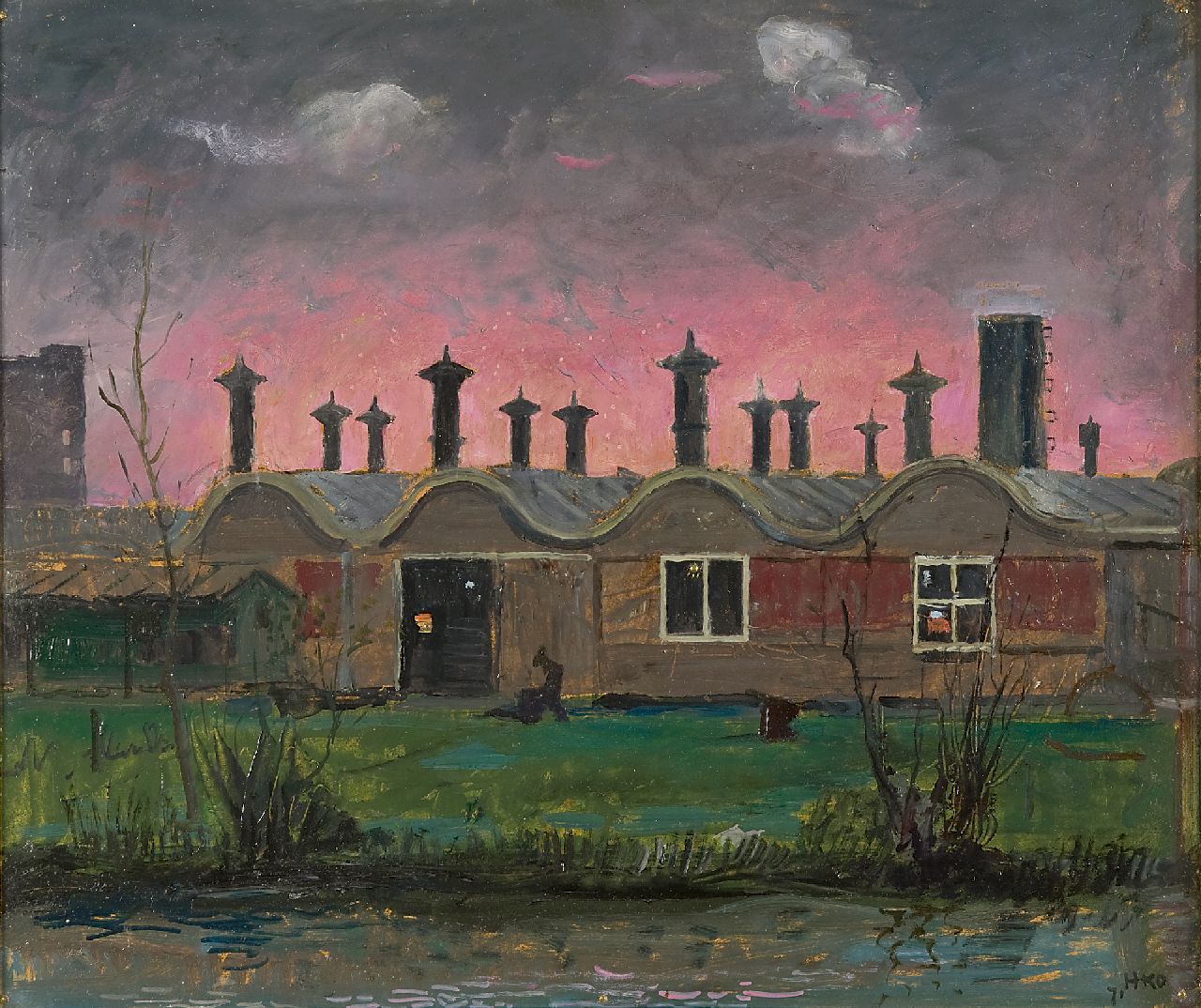 Kamerlingh Onnes H.H.  | 'Harm' Henrick Kamerlingh Onnes, Machine factory in the Westland, oil on board 36.9 x 43.9 cm, signed l.r. with monogram and dated '71