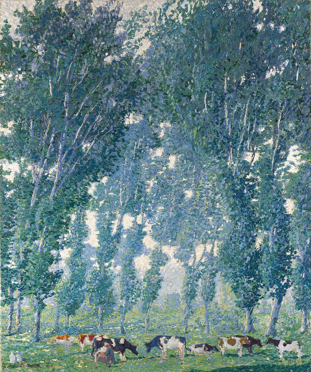 Gärtner F.A.  | Friedrich Anton 'Fritz' Gärtner, Morning hours; cows under poplar trees on the Nederrijn, oil on canvas 90.3 x 75.7 cm, signed l.l. and dated 1916