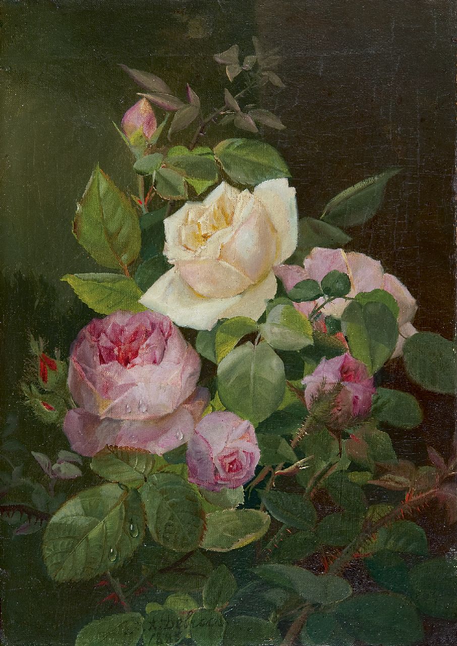 Debrus A.  | Alexandre Debrus, Roses, oil on canvas 34.5 x 24.4 cm, signed c.l. and dated 1885