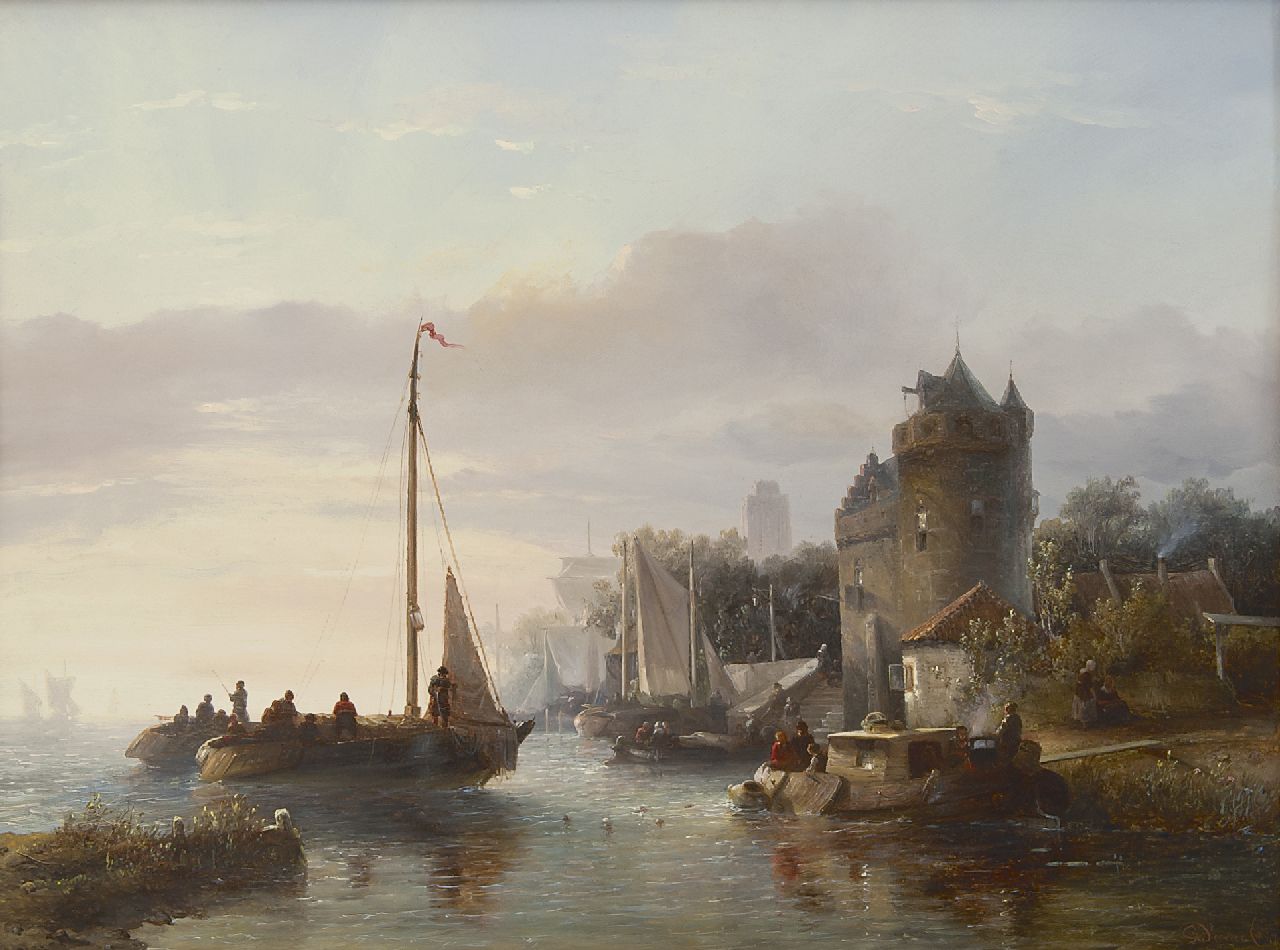 Verveer S.L.  | 'Salomon' Leonardus Verveer, Activity on the river, the Grote Kerk of Dordrecht in the distance, oil on panel 42.8 x 57.9 cm, signed l.r. and dated '47