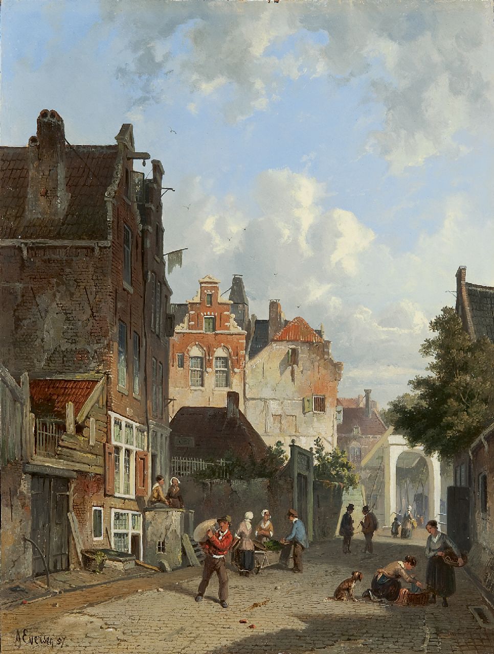 Eversen A.  | Adrianus Eversen, A Dutch street scene, oil on panel 33.5 x 25.1 cm, signed l.l. and dated '57