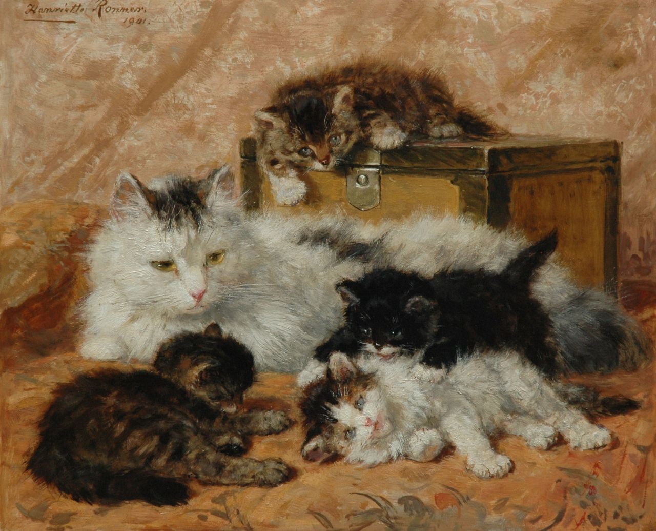 Ronner-Knip H.  | Henriette Ronner-Knip, The happy mother, oil on panel 37.5 x 46.0 cm, signed u.l. and dated 1901