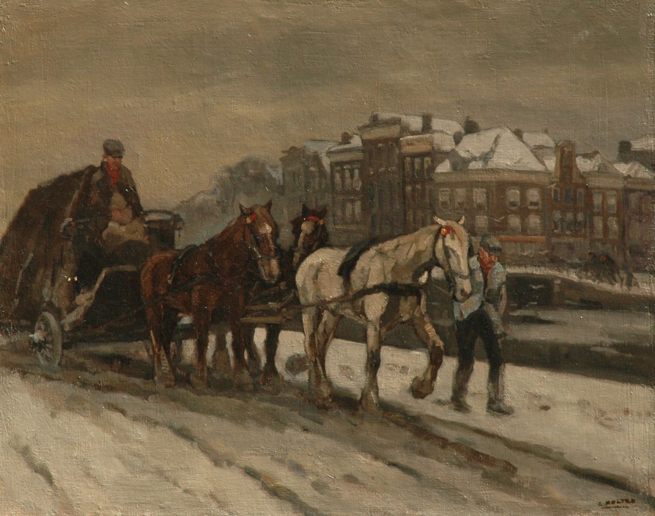 Noltee B.C.  | Bernardus Cornelis 'Cor' Noltee, A horse-drawn cart in the snow in Amsterdam, oil on canvas 80.8 x 101.0 cm, signed l.r.