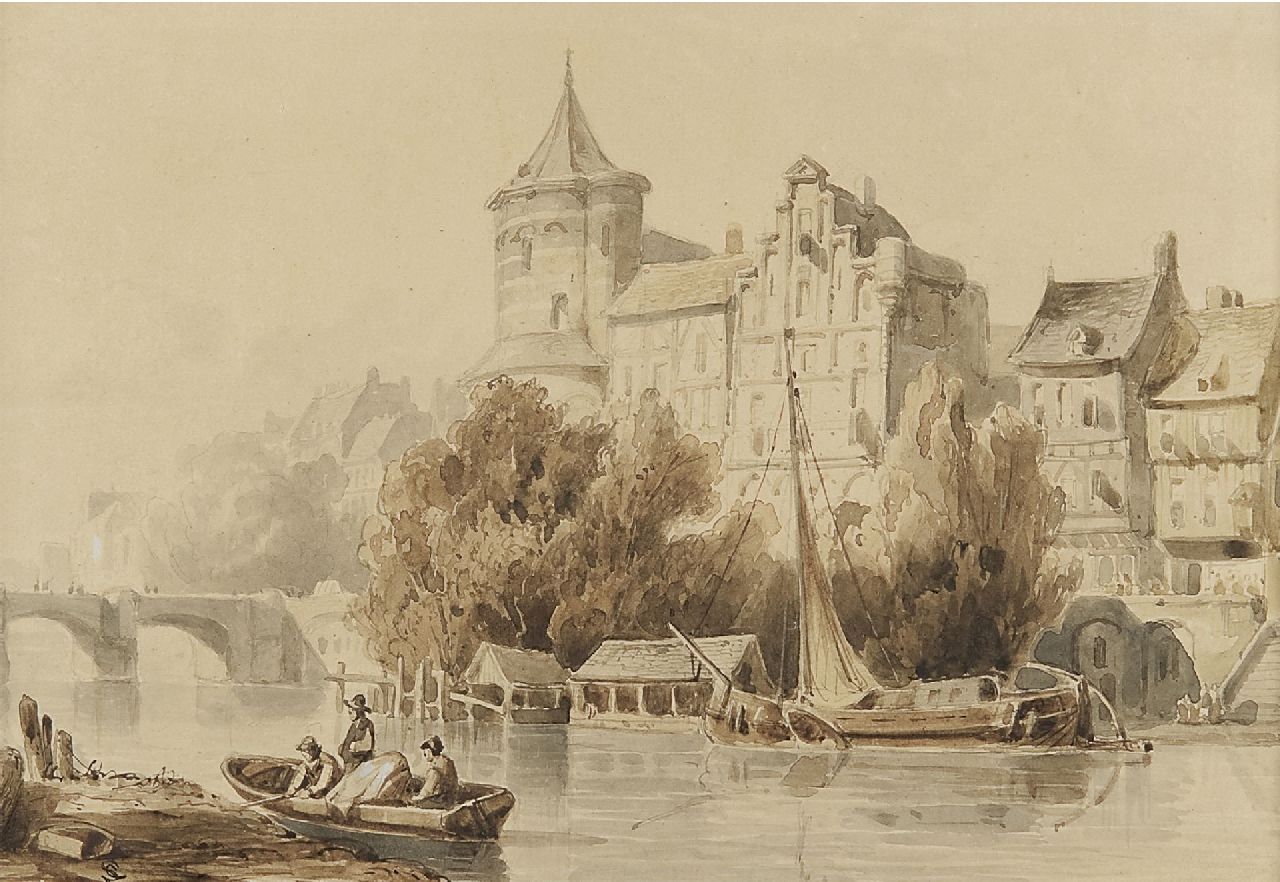 Cornelis Springer | A busy day along the river, sepia on paper, 14.0 x 20.4 cm, signed l.l. with monogram and executed ca. 1840-1845