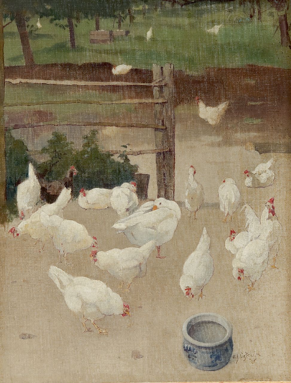 Ligtelijn E.J.  | Evert Jan Ligtelijn, A goose and chickens in the farmyard, oil on canvas laid down on panel 43.6 x 33.5 cm, signed l.r.