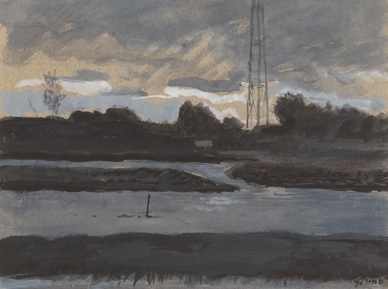 Kamerlingh Onnes H.H.  | 'Harm' Henrick Kamerlingh Onnes | Watercolours and drawings offered for sale | A river landscape, gouache on paper 22.0 x 29.0 cm, signed l.r. with monogram and dated '70