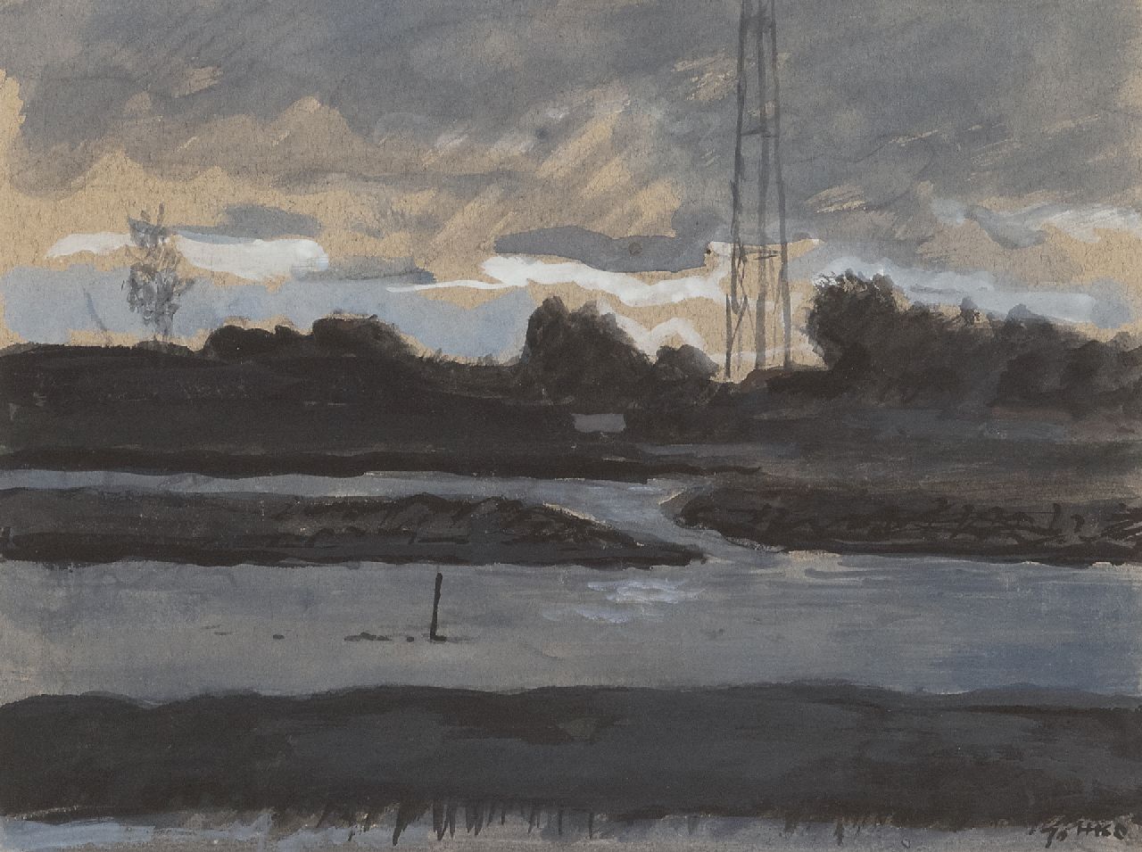 Kamerlingh Onnes H.H.  | 'Harm' Henrick Kamerlingh Onnes, A river landscape, gouache on paper 22.0 x 29.0 cm, signed l.r. with monogram and dated '70