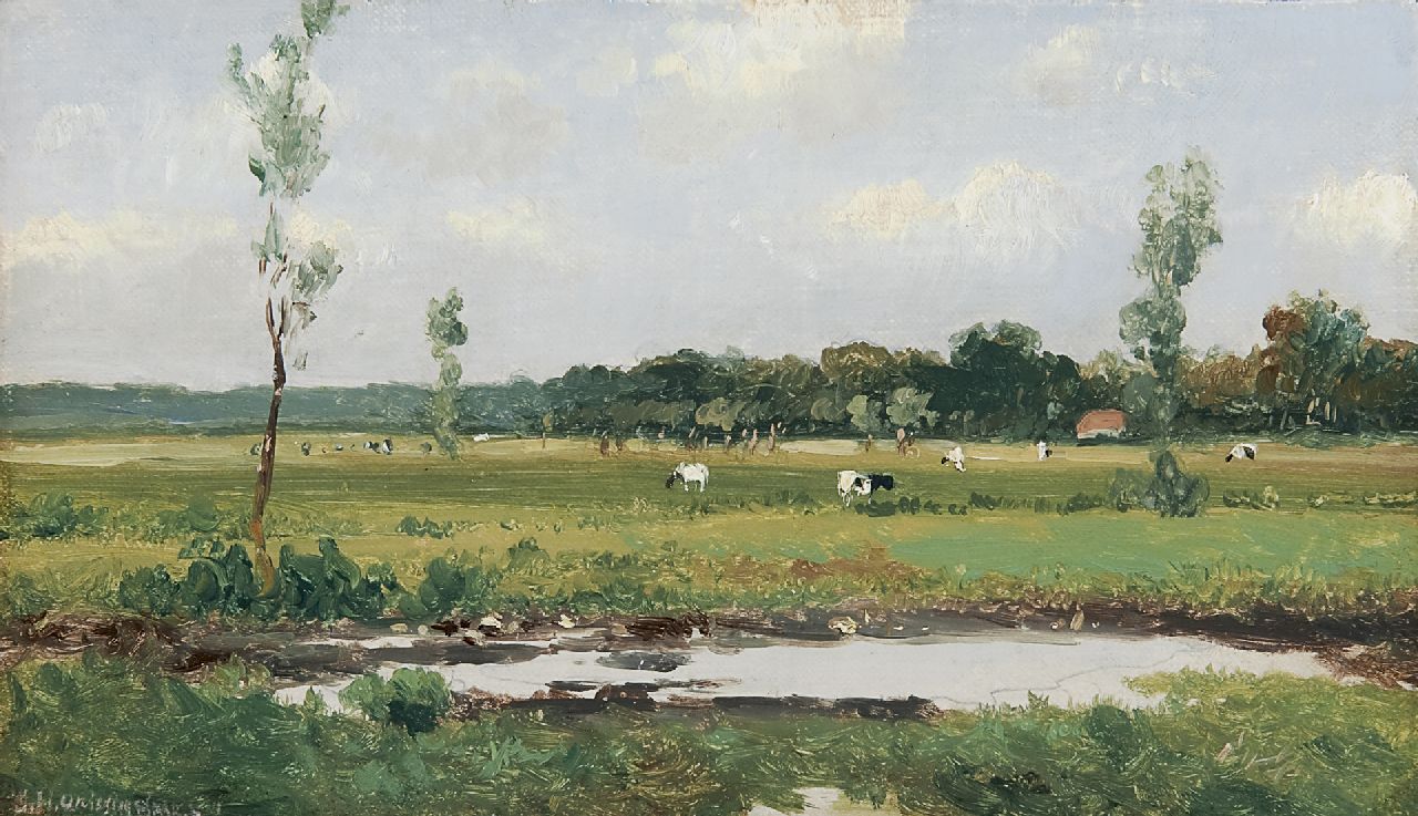 Weissenbruch H.J.  | Hendrik Johannes 'J.H.' Weissenbruch, A Dutch landscape with cows, oil on canvas laid down on panel 15.8 x 26.9 cm, signed l.l.