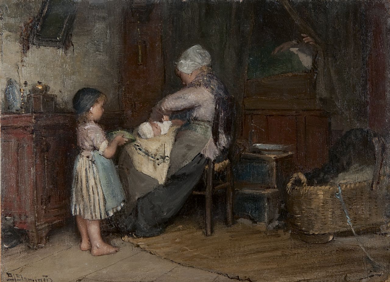 Blommers B.J.  | Bernardus Johannes 'Bernard' Blommers, Helping mother, oil on panel 23.6 x 32.0 cm, signed l.l. and executed ca. 1875