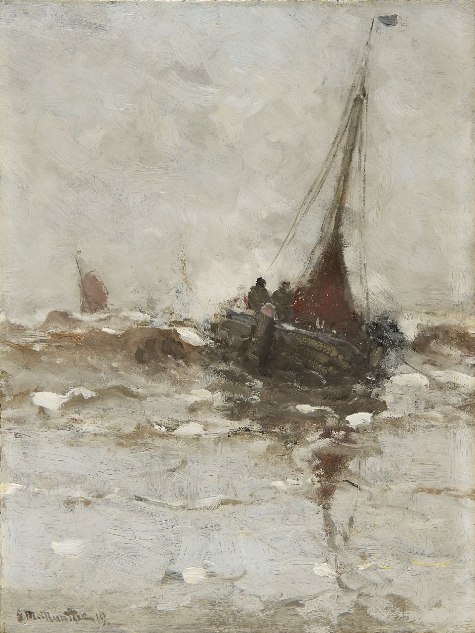 Munthe G.A.L.  | Gerhard Arij Ludwig 'Morgenstjerne' Munthe, A fishing boat in the surf, oil on canvas 40.3 x 30.2 cm, signed l.l. and dated '19