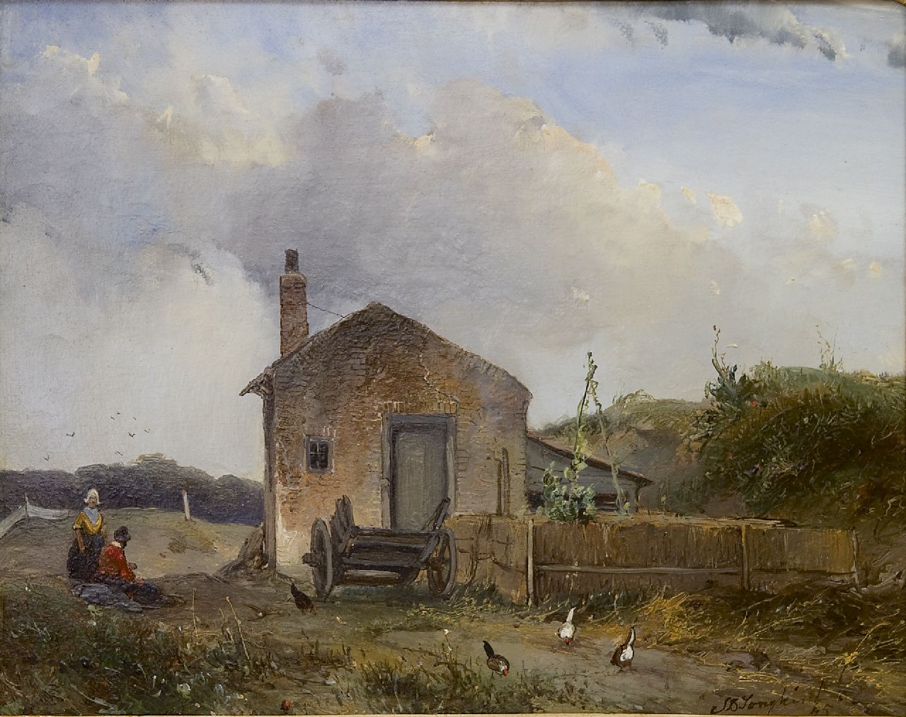 Jongkind J.B.  | Johan Barthold Jongkind, A farmhouse in the dunes, oil on panel 23.0 x 29.2 cm, signed l.r. and dated '45