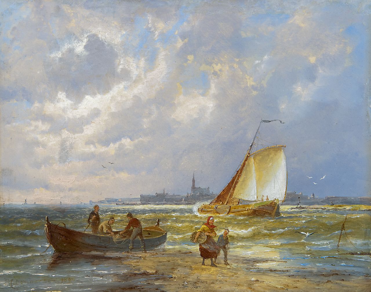 Dommershuijzen P.C.  | Pieter Cornelis Dommershuijzen, Fishermen by a river, possibly near Kampen, oil on panel 20.2 x 25.3 cm, signed l.l. and dated 1891