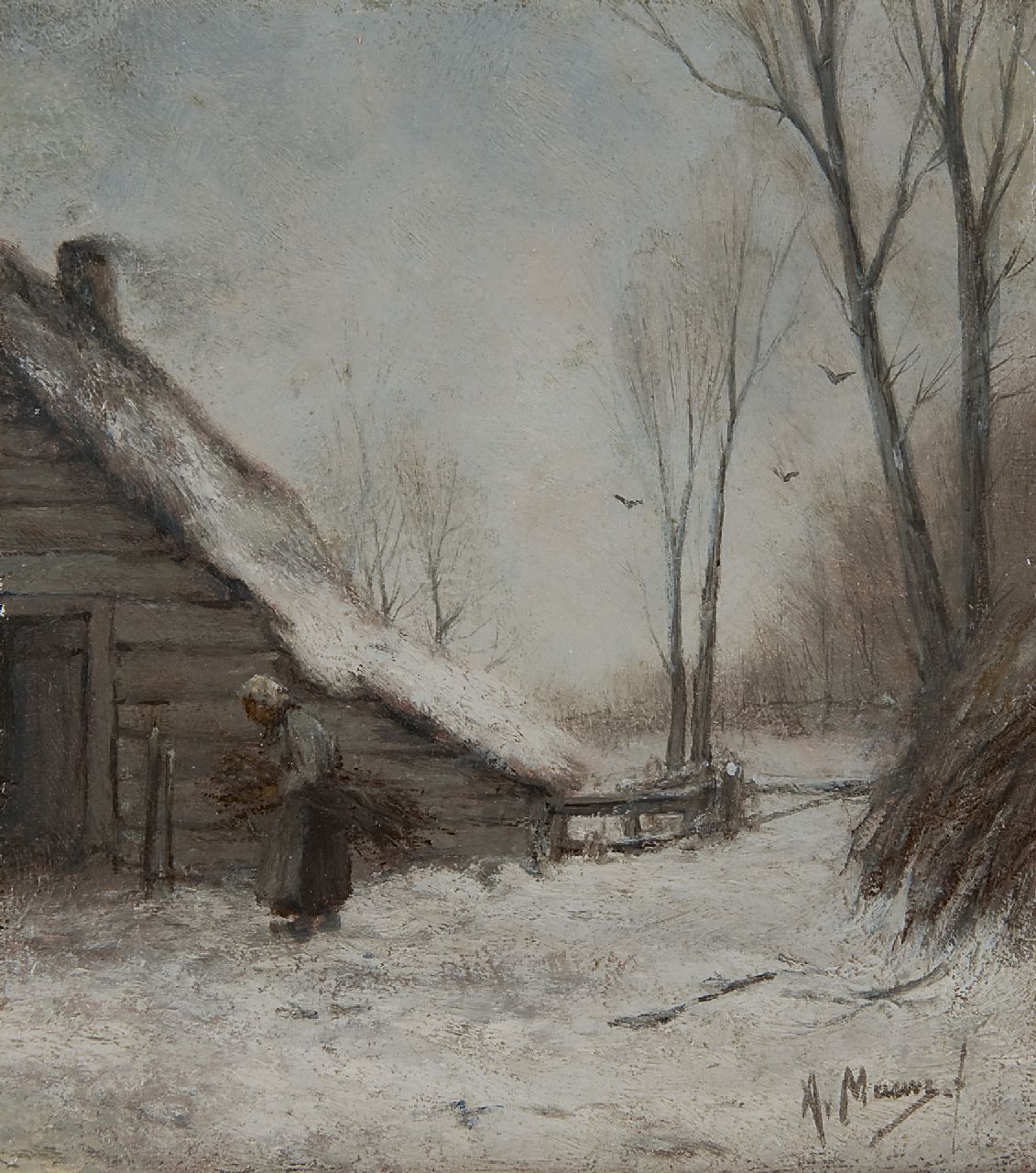 Mauve A.  | Anthonij 'Anton' Mauve, A winter landscape with a farmer's wife, oil on panel 22.0 x 19.9 cm, signed l.r.