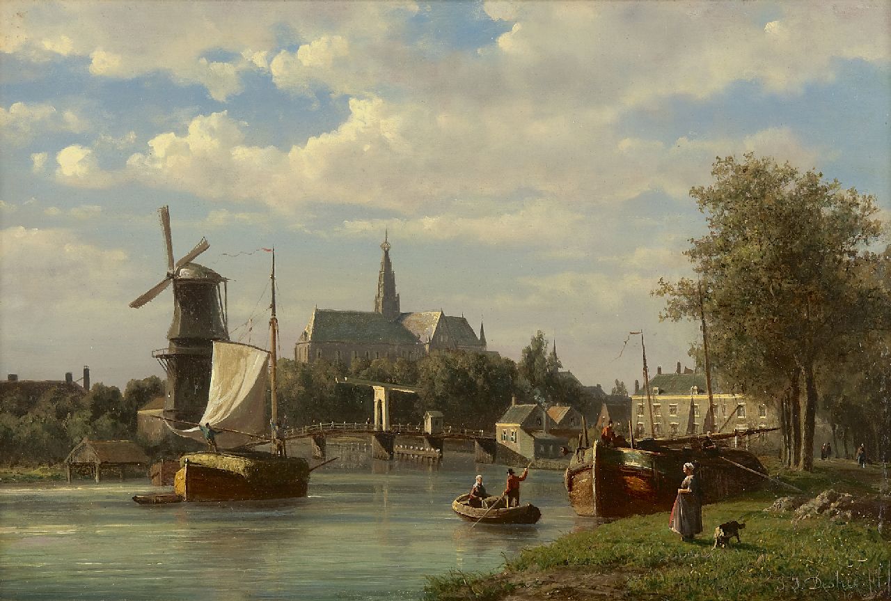 Destrée J.J.  | Johannes Josephus Destrée, A view on the Spaarne and the St. Bavo church, Haarlem, oil on panel 33.4 x 50.5 cm, signed l.r. and dated 1866