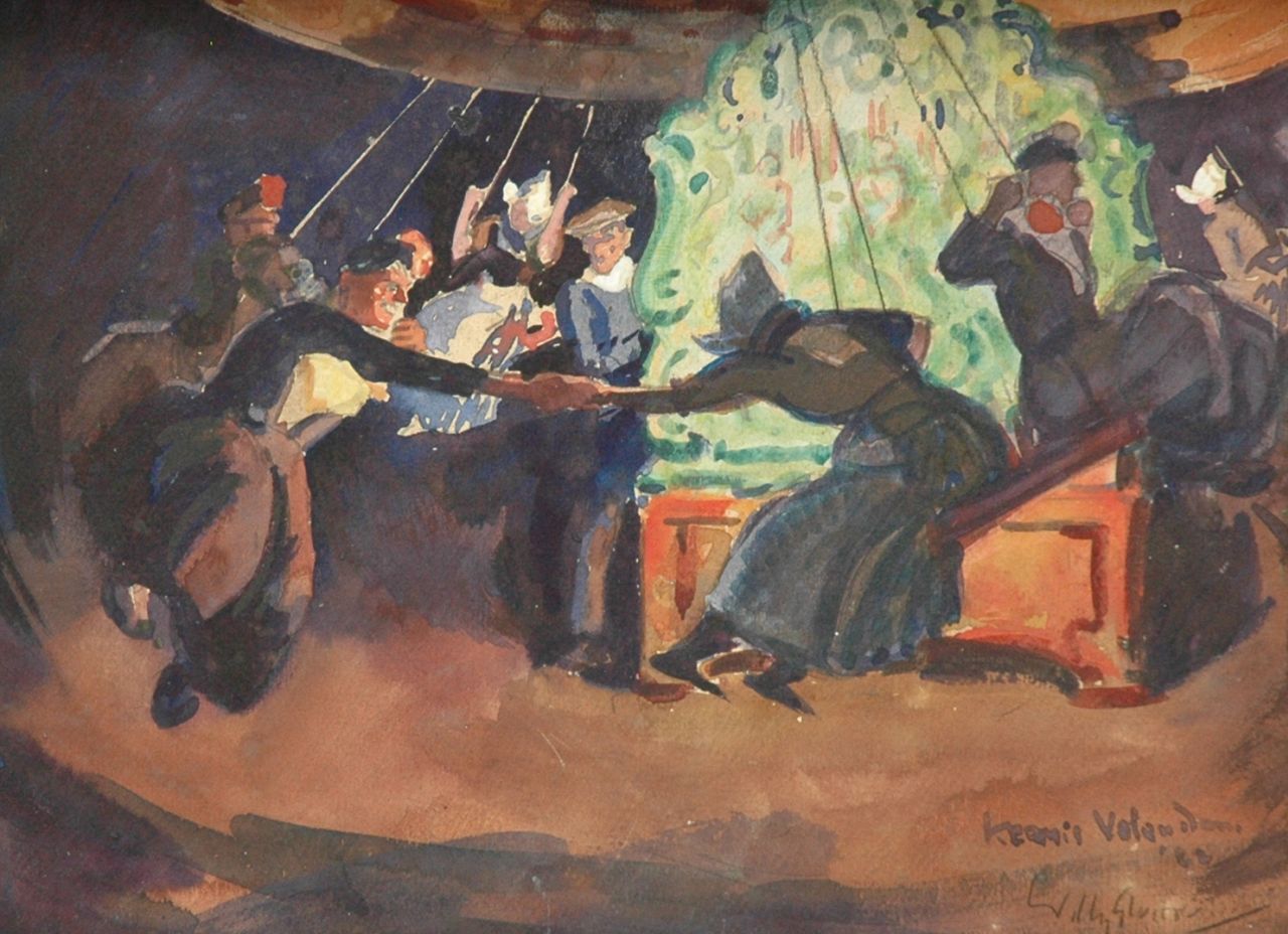 Sluiter J.W.  | Jan Willem 'Willy' Sluiter, In the whirligig, Volendam, watercolour and gouache on paper 26.8 x 33.0 cm, signed l.r. and dated '22