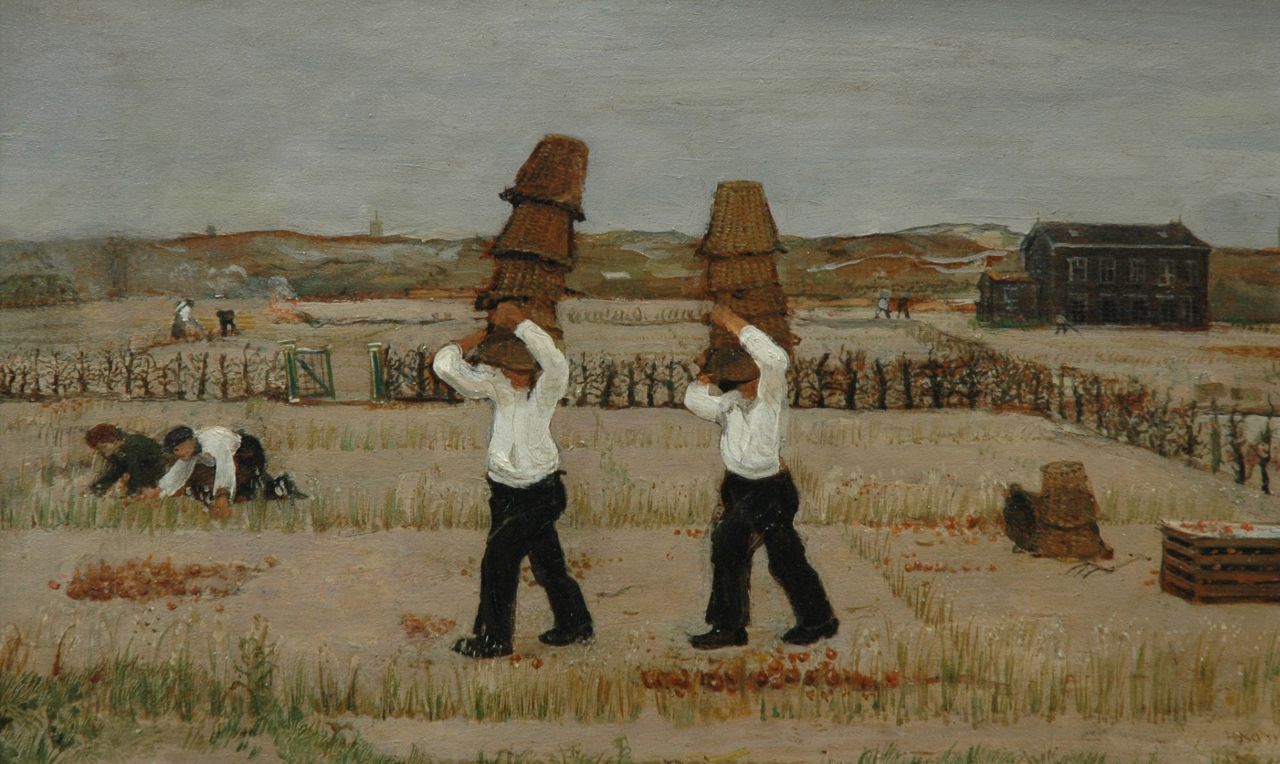 Kamerlingh Onnes H.H.  | 'Harm' Henrick Kamerlingh Onnes, Onion picking, oil on painter's board 27.6 x 44.9 cm, signed l.r. with monogram and dated '37