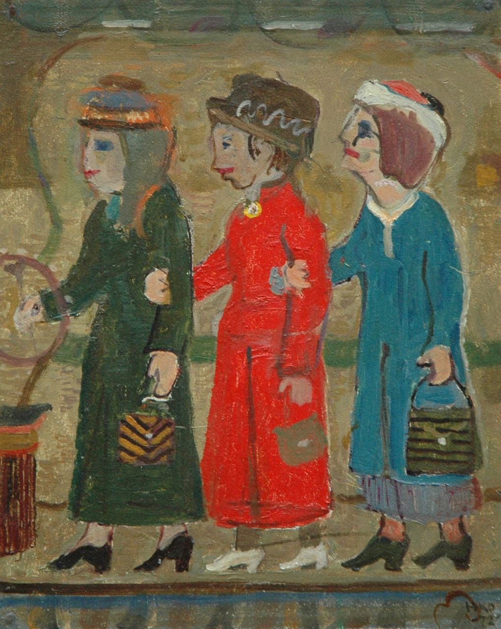 Kamerlingh Onnes H.H.  | 'Harm' Henrick Kamerlingh Onnes, Three ladies, oil on panel 30.5 x 24.5 cm, signed l.r. with monogram and dated '72
