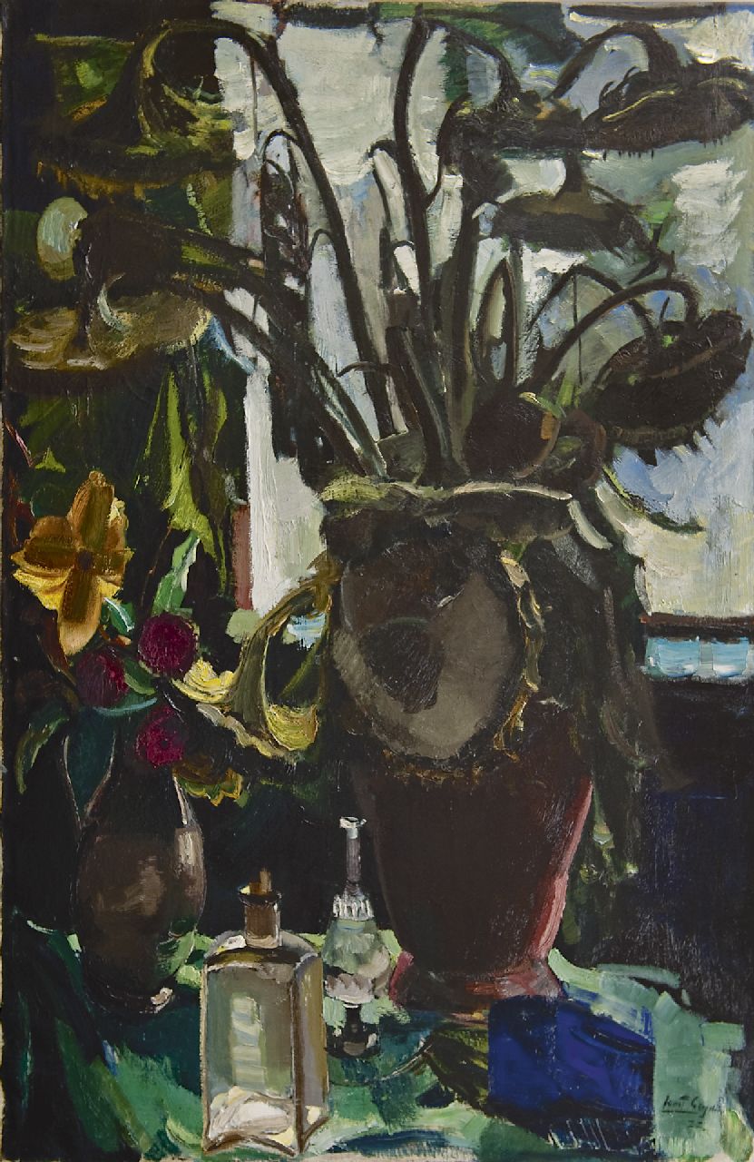 Leyden O.M.E.  | Oskar Moritz 'Ernst' Leyden, Sunflowers at a window, oil on canvas 143.9 x 94.9 cm, signed l.r. and dated '22