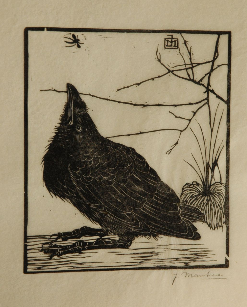 Mankes J.  | Jan Mankes, A crow watching a mosquito, woodcut on Japanese paper 11.8 x 10.2 cm, signed w mon in the block and l.r. in full (in pencil and executed in 1918