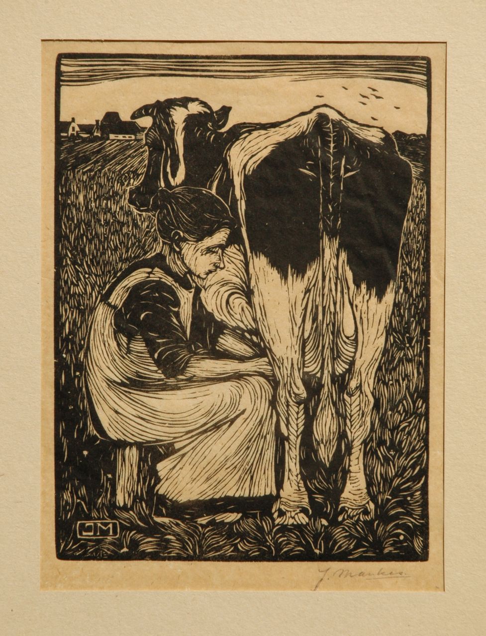 Mankes J.  | Jan Mankes, Milking a cow, woodcut on paper 19.2 x 14.2 cm, signed with mon in the block and l.r. in full (in pencil) and executed in 1914