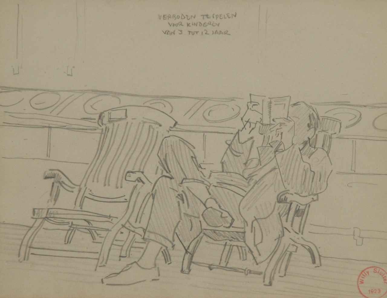Sluiter J.W.  | Jan Willem 'Willy' Sluiter, Reading in a deckchair, pencil on paper 17.3 x 21.8 cm, signed l.r. and on the reverse with the artist's stamp and dated 1923