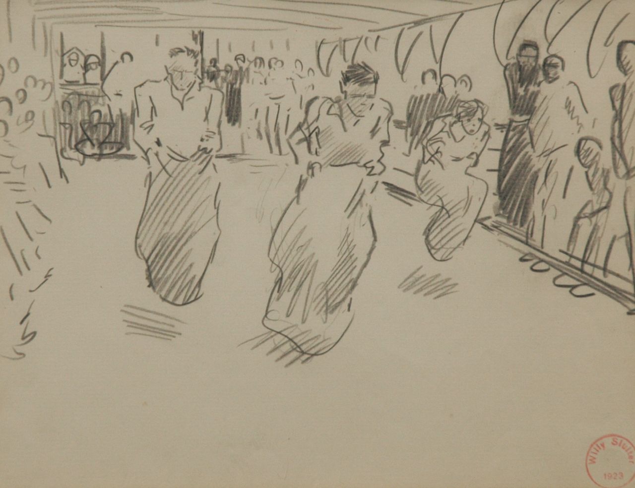 Sluiter J.W.  | Jan Willem 'Willy' Sluiter, A sack race on deck, pencil on paper 17.3 x 21.7 cm, signed l.r. and on the reverse with the artist's stamp and dated 1923