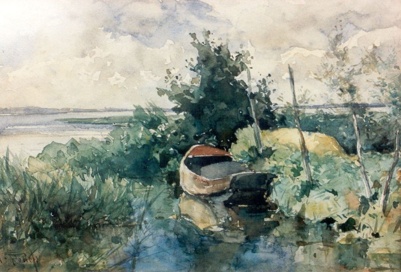 Roelofs W.  | Willem Roelofs, A moored flatboat, watercolour on paper 16.0 x 23.0 cm, signed l.l.
